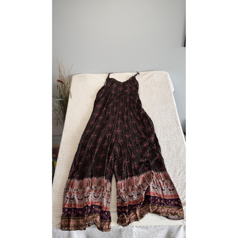 Natural Life Womens Large Brown Floral Boho Wide Leg Spaghetti Strap Jumpsuit